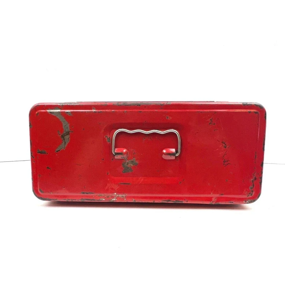 Vtg 1940s Red Metal Tool box Little Pal Handy Kit Art Deco Tool Box Salvage
